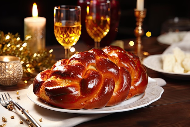 Pane Challah fatto in casa sul tavolo di legnoCucina ebraica tradizionale