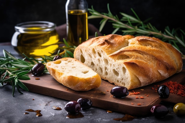 Pane ciabatta con olio d'oliva e olive su ardesia