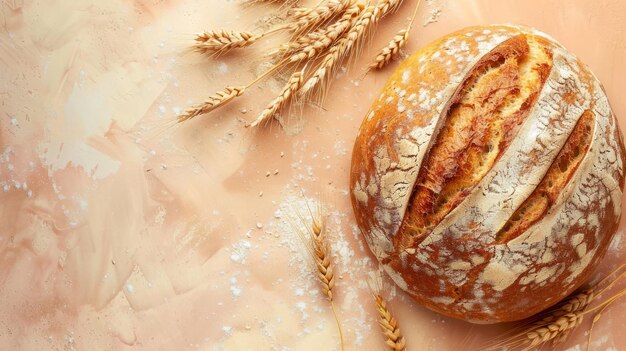 Pane con crosta e farina di superficie con grano fresco su fondo di pesca