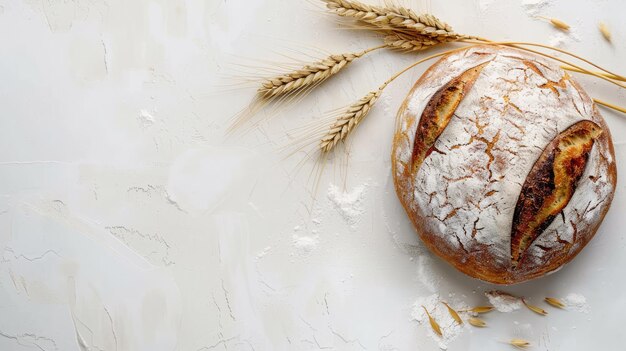 Pane con crosta e farina di superficie con grano fresco su sfondo bianco