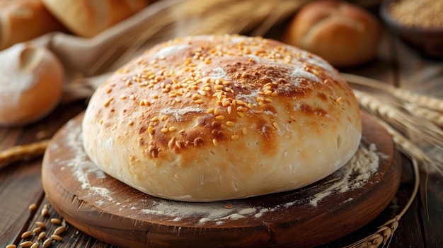 Pane con semi di sesamo sul tavolo di legno da vicino