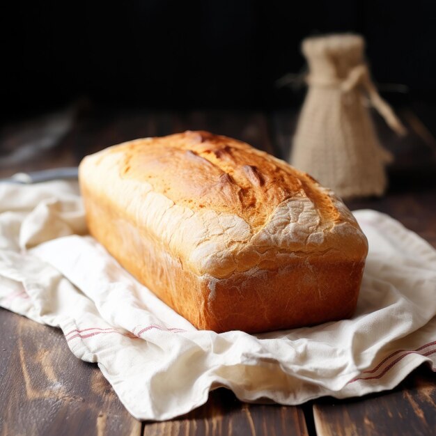 Pane croccante fresco e profumato su un tavolo di legno con uno sfondo scuro AI generativa