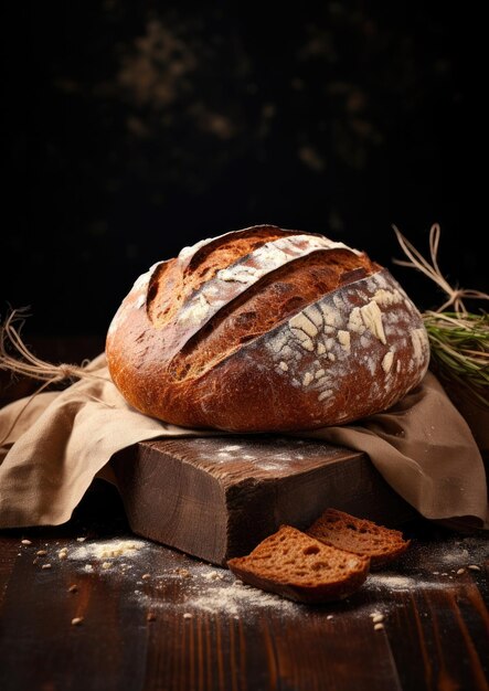 Pane croccante fresco e profumato su un tavolo di legno con uno sfondo scuro AI generativa