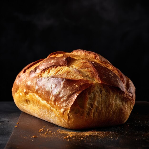 Pane croccante fresco e profumato su un tavolo di legno con uno sfondo scuro AI generativa