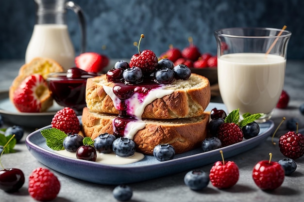 Pane danese fresco con latte e frutta, salsa di ciliegio e mirtillo servita con latte