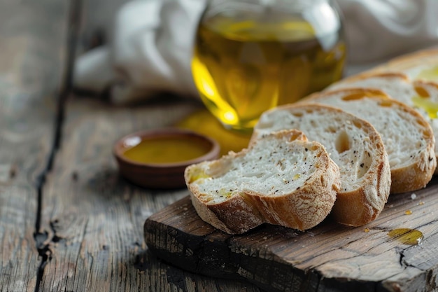 Pane di ciabatta tagliato fresco con olio d'oliva su tavola di legno