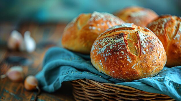 Pane di lievito rustico artigianale esposto su legno con un panno blu sullo sfondo