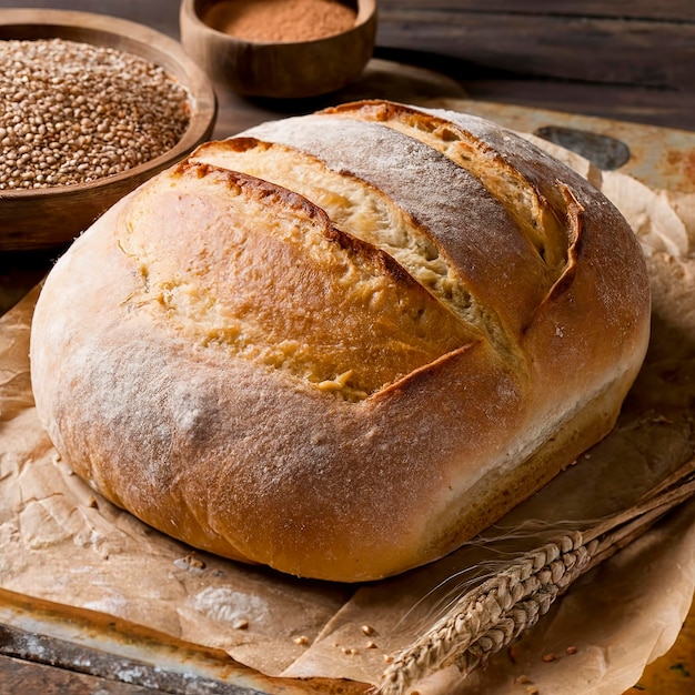 Pane di lievito rustico croccante appena cotto disteso sulla carta da forno nella ciotola di legno in lega