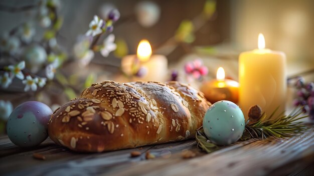 Pane di Pasqua, quaglie, uova colorate e candele su un tavolo di legno.
