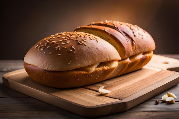 Pane dorato e gonfio sul tavolo con sopra un po' di sesamo e farina