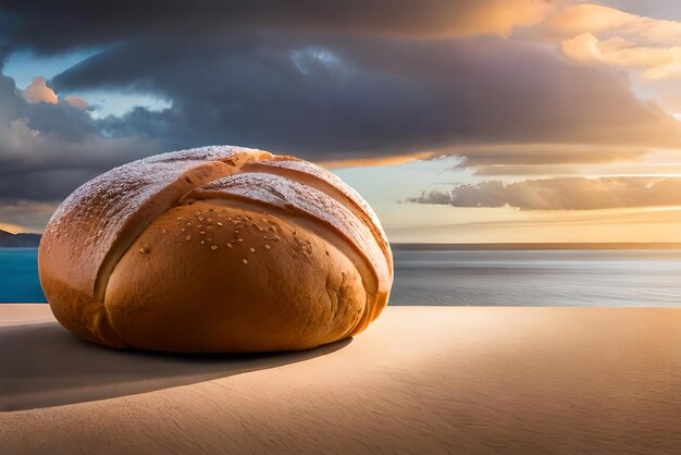 Pane dorato e gonfio sul tavolo con sopra un po' di sesamo e farina