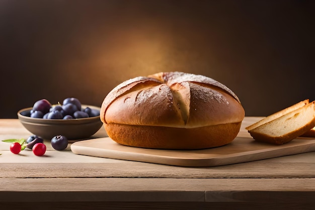 Pane dorato e gonfio sul tavolo con sopra un po' di sesamo e farina