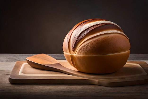 Pane dorato e gonfio sul tavolo con sopra un po' di sesamo e farina