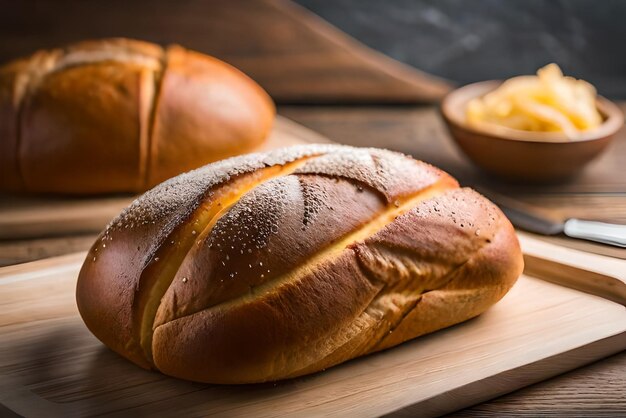 Pane dorato e gonfio sul tavolo con sopra un po' di sesamo e farina