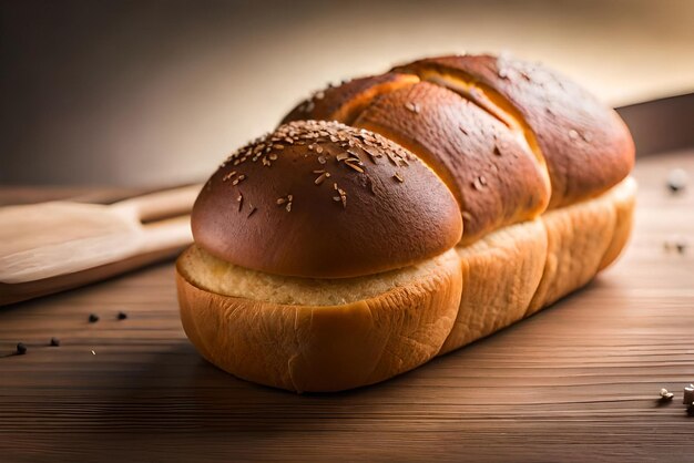 Pane dorato e gonfio sul tavolo con sopra un po' di sesamo e farina