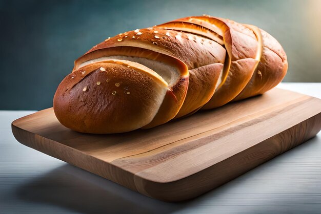 Pane dorato e gonfio sul tavolo con sopra un po' di sesamo e farina