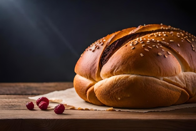 Pane dorato e gonfio sul tavolo con sopra un po' di sesamo e farina