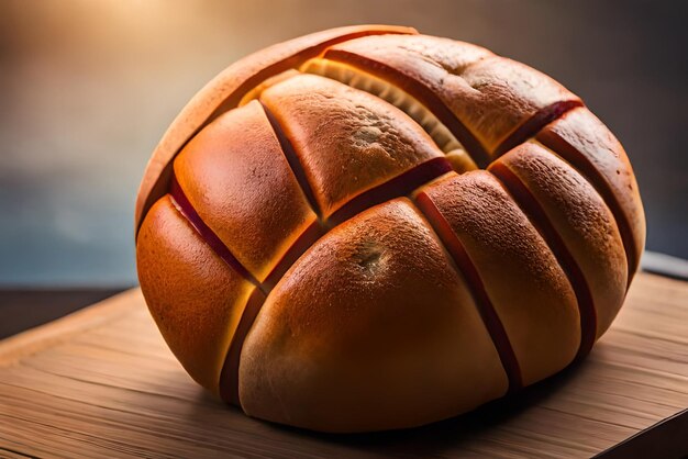 Pane dorato e gonfio sul tavolo con sopra un po' di sesamo e farina