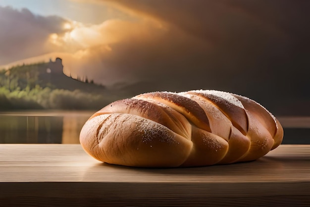 Pane dorato e gonfio sul tavolo con sopra un po' di sesamo e farina