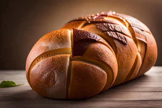 Pane dorato e gonfio sul tavolo con sopra un po' di sesamo e farina