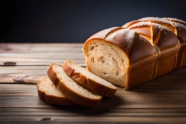 Pane dorato e gonfio sul tavolo con sopra un po' di sesamo e farina