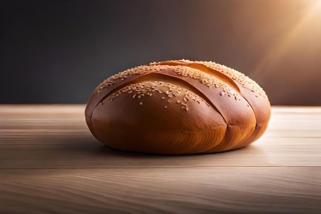 Pane dorato e gonfio sul tavolo con sopra un po' di sesamo e farina