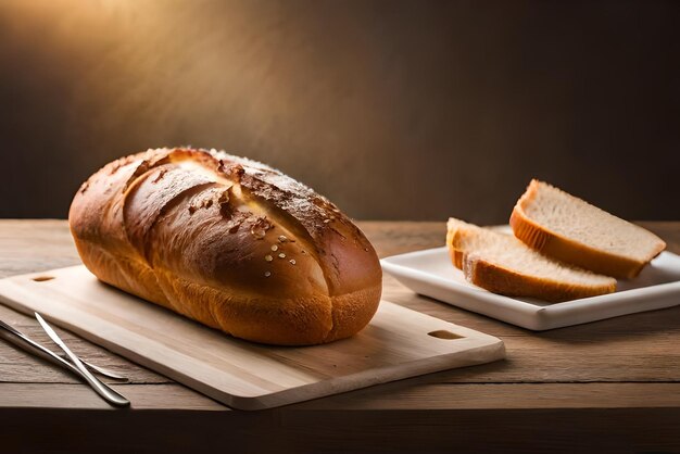 Pane dorato e gonfio sul tavolo con sopra un po' di sesamo e farina