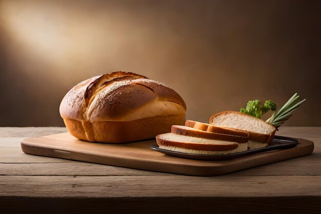 Pane dorato e gonfio sul tavolo con sopra un po' di sesamo e farina