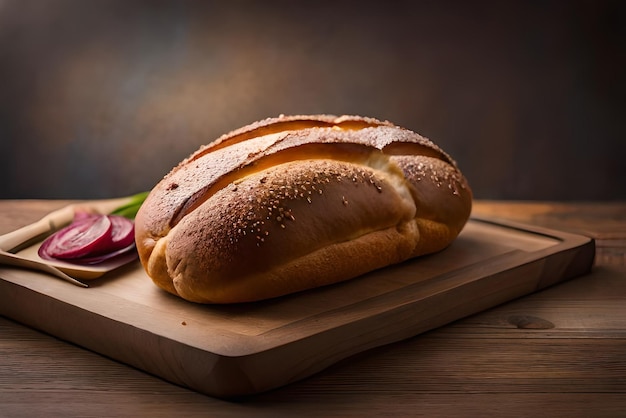 Pane dorato e gonfio sul tavolo con sopra un po' di sesamo e farina