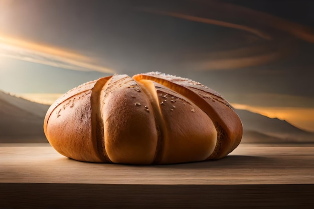 Pane dorato e gonfio sul tavolo con sopra un po' di sesamo e farina