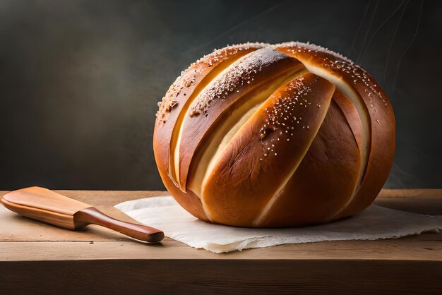 Pane dorato e gonfio sul tavolo con sopra un po' di sesamo e farina