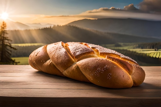 Pane dorato e gonfio sul tavolo con sopra un po' di sesamo e farina