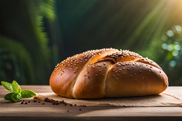 Pane dorato e gonfio sul tavolo con sopra un po' di sesamo e farina