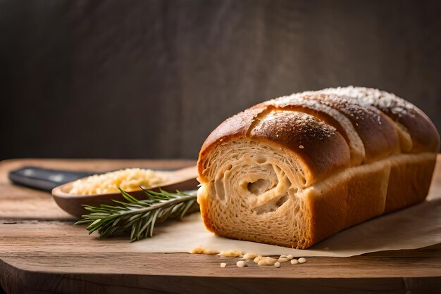 Pane dorato e gonfio sul tavolo con sopra un po' di sesamo e farina