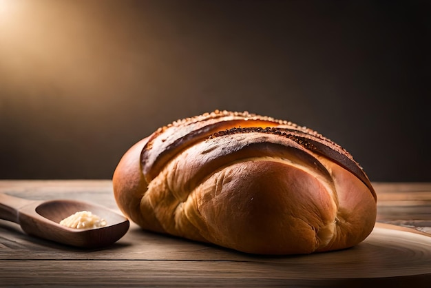 Pane dorato e gonfio sul tavolo con sopra un po' di sesamo e farina