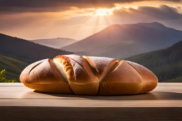 Pane dorato e gonfio sul tavolo con sopra un po' di sesamo e farina