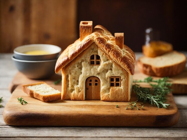 Pane e burro sotto forma di casa su uno sfondo di legno AI generativa