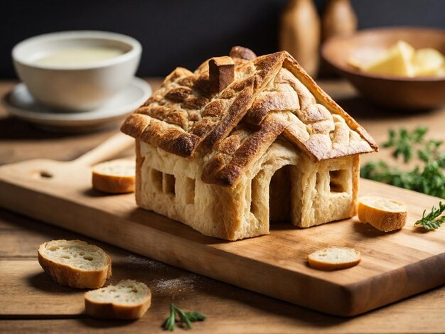 Pane e burro sotto forma di casa su uno sfondo di legno AI generativa