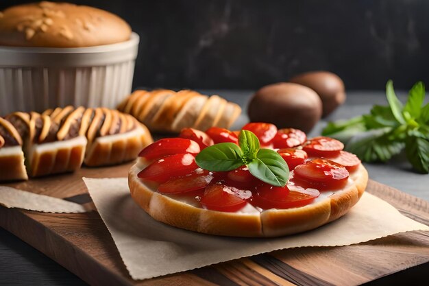 Pane e pane su un tavolo con un piatto di pomodori e basilico