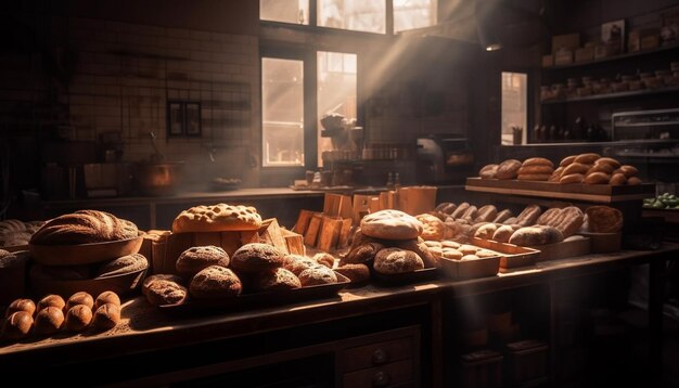 Pane e pasticcini appena sfornati riempiono gli scaffali dei negozi generati dall'intelligenza artificiale