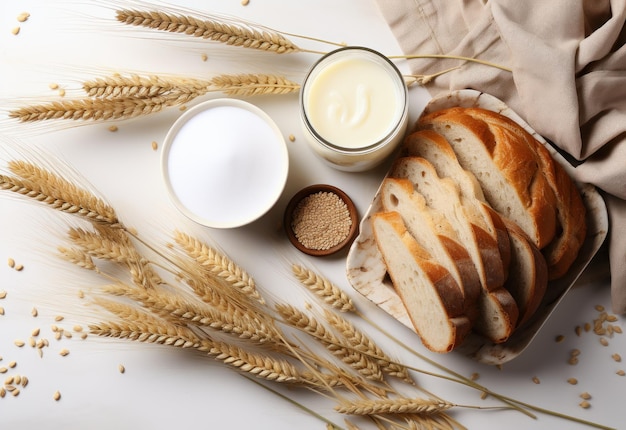 Pane e prodotti lattiero-caseari con orecchie di grano