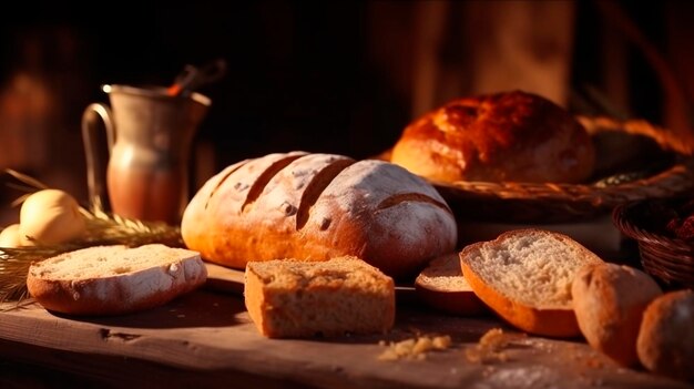 Pane fatto in casa sul tavolo della cucina Alimenti da forno per la colazione fresca IA generativa