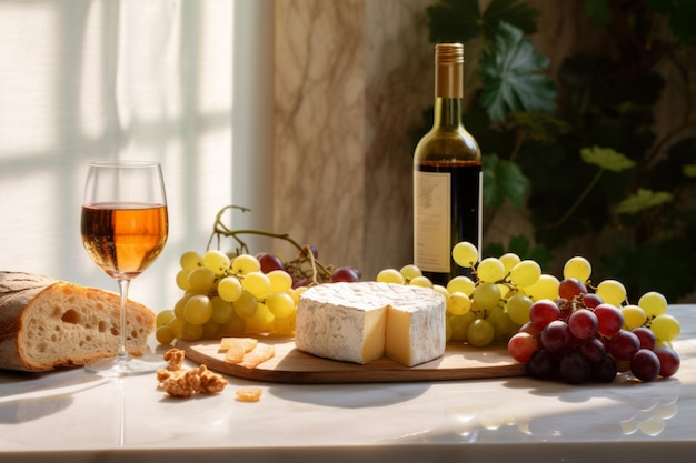 pane formaggio uva bicchiere e bottiglia di vino su una tavola di marmo sullo sfondo del