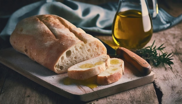 Pane fresco di ciabatta a fette e olio su tavola di legno Tavola di cucina Deliziosa panetteria italiana