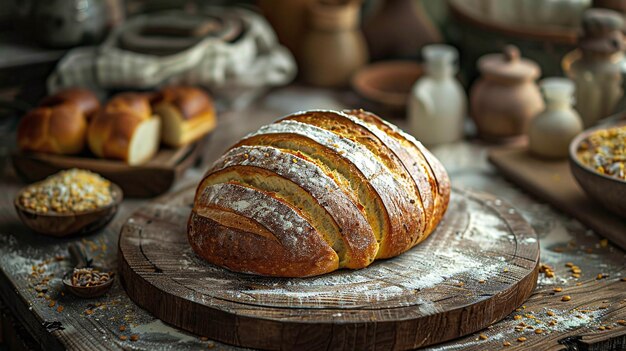 Pane fresco di panetteria su una rustica tavola di legno