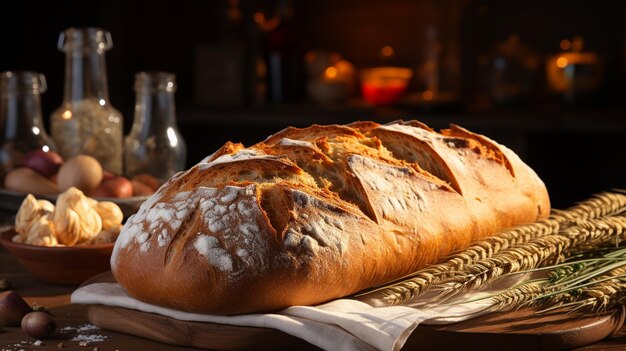 pane fresco e rotoli su tavolo di legno in panetteria