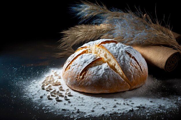 Pane fresco fatto in casa con farina e cereali isolati su sfondo scuro