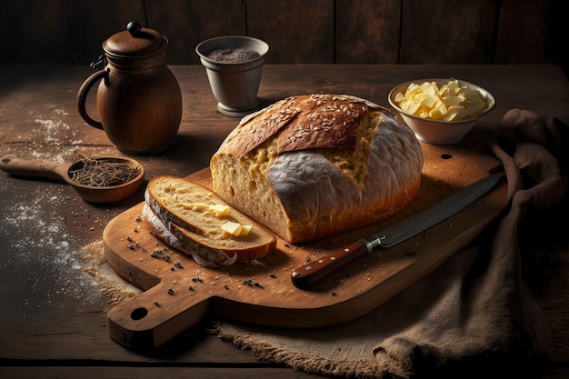 Pane fresco fatto in casa su tavola di legno per una dieta più sana