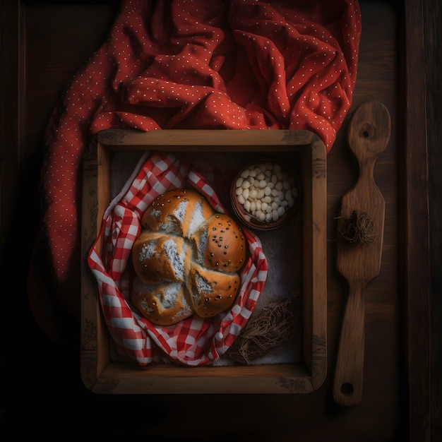 pane in un vassoio di legno su un panno rosso e bianco cibo fotografia