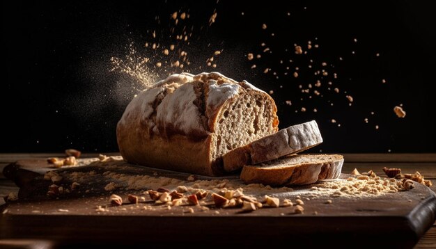 Pane integrale appena sfornato su tavola di legno generato da AI